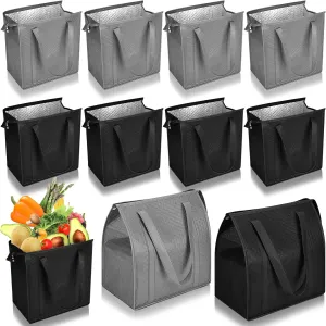 10 Pcs Insulated Shopping Bags For Groceries Large Reusable Cooler Bags Thermal Totes With Zippered Top For Hot Cold Food Delivery Refrigerator Pizza(Grey,Black)