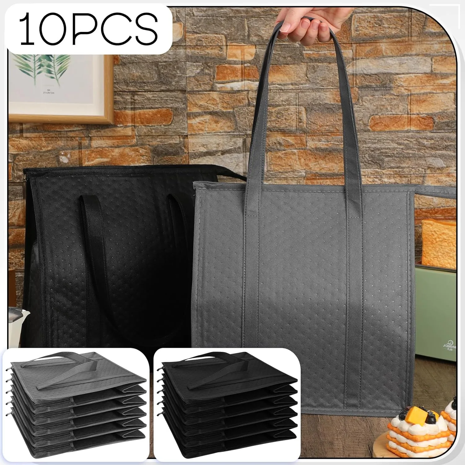 10 Pcs Insulated Shopping Bags For Groceries Large Reusable Cooler Bags Thermal Totes With Zippered Top For Hot Cold Food Delivery Refrigerator Pizza(Grey,Black)