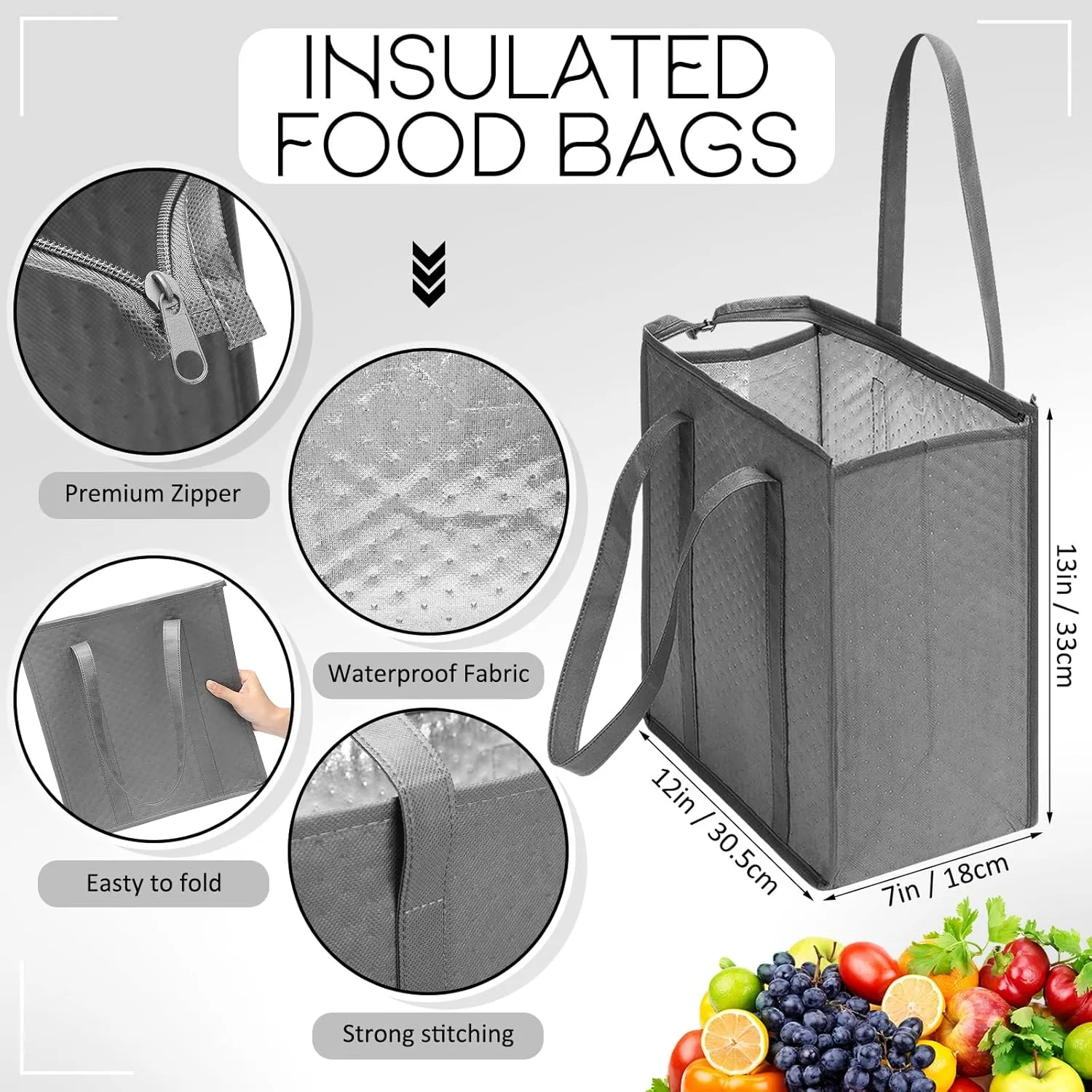 10 Pcs Insulated Shopping Bags For Groceries Large Reusable Cooler Bags Thermal Totes With Zippered Top For Hot Cold Food Delivery Refrigerator Pizza(Grey,Black)