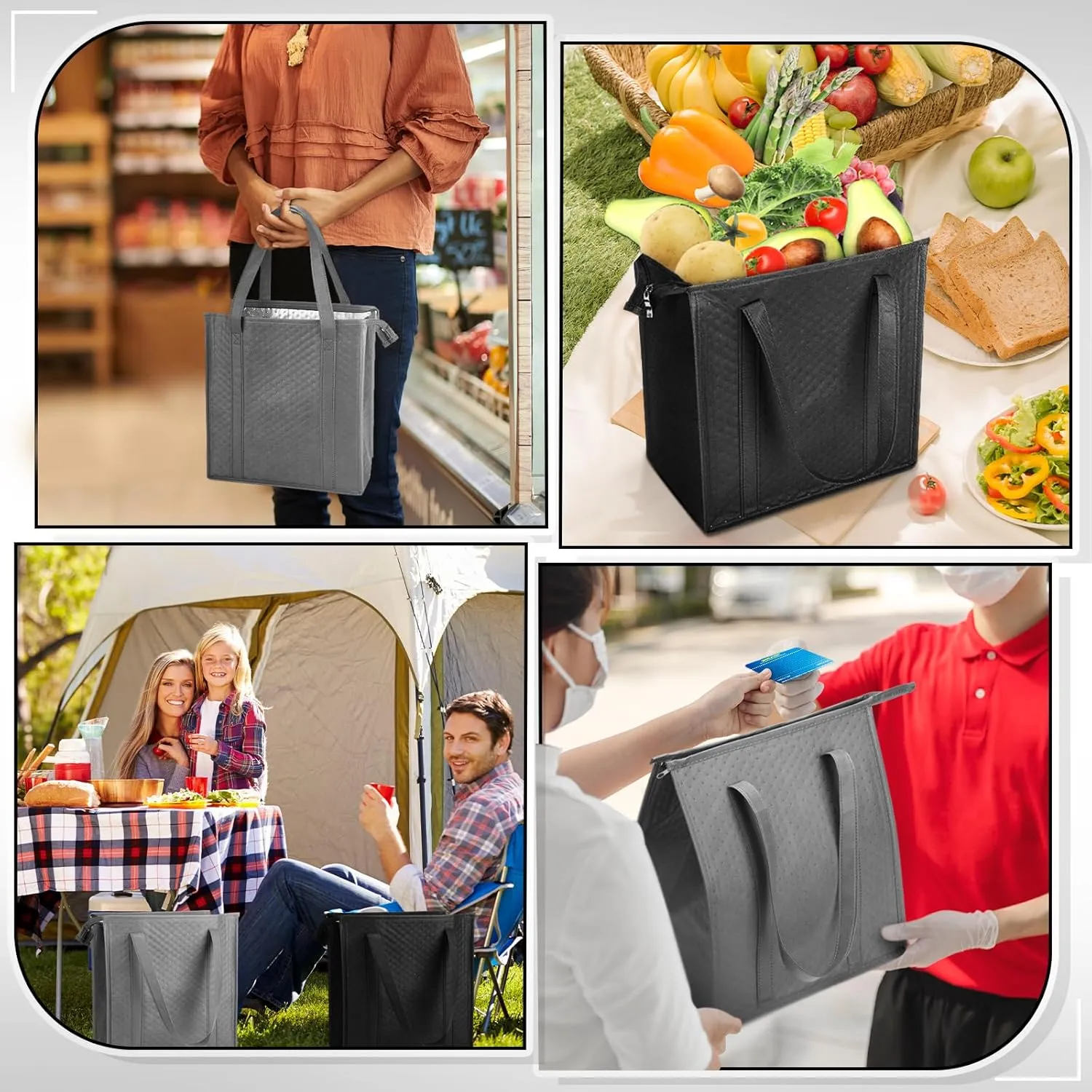 10 Pcs Insulated Shopping Bags For Groceries Large Reusable Cooler Bags Thermal Totes With Zippered Top For Hot Cold Food Delivery Refrigerator Pizza(Grey,Black)