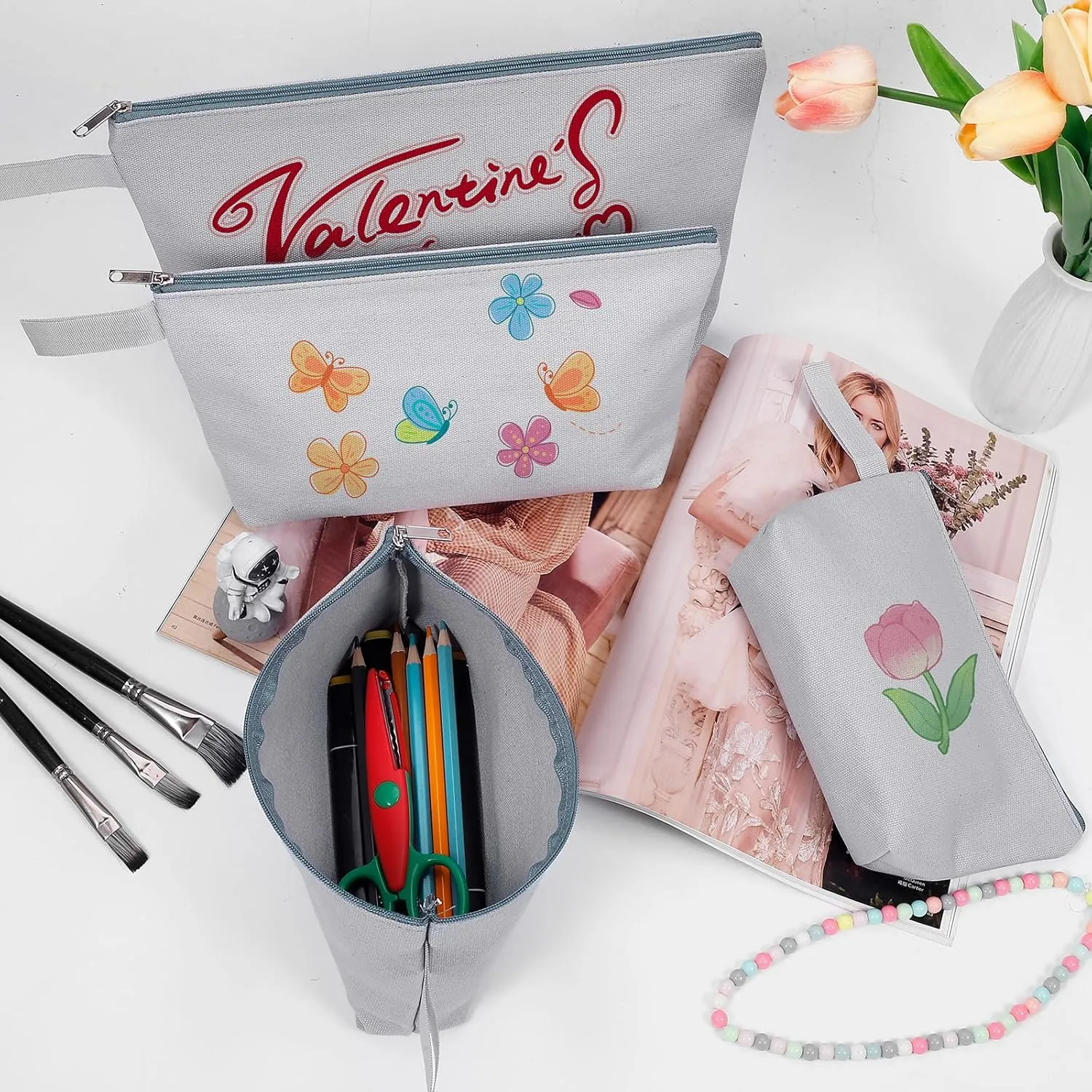 10 Pieces Cotton Canvas Makeup Bag with Bottom and Strap, Multi-Purpose Cosmetic Bag with Zipper Travel Toiletry Pouch, Blank DIY Craft Bag (Grey, M)