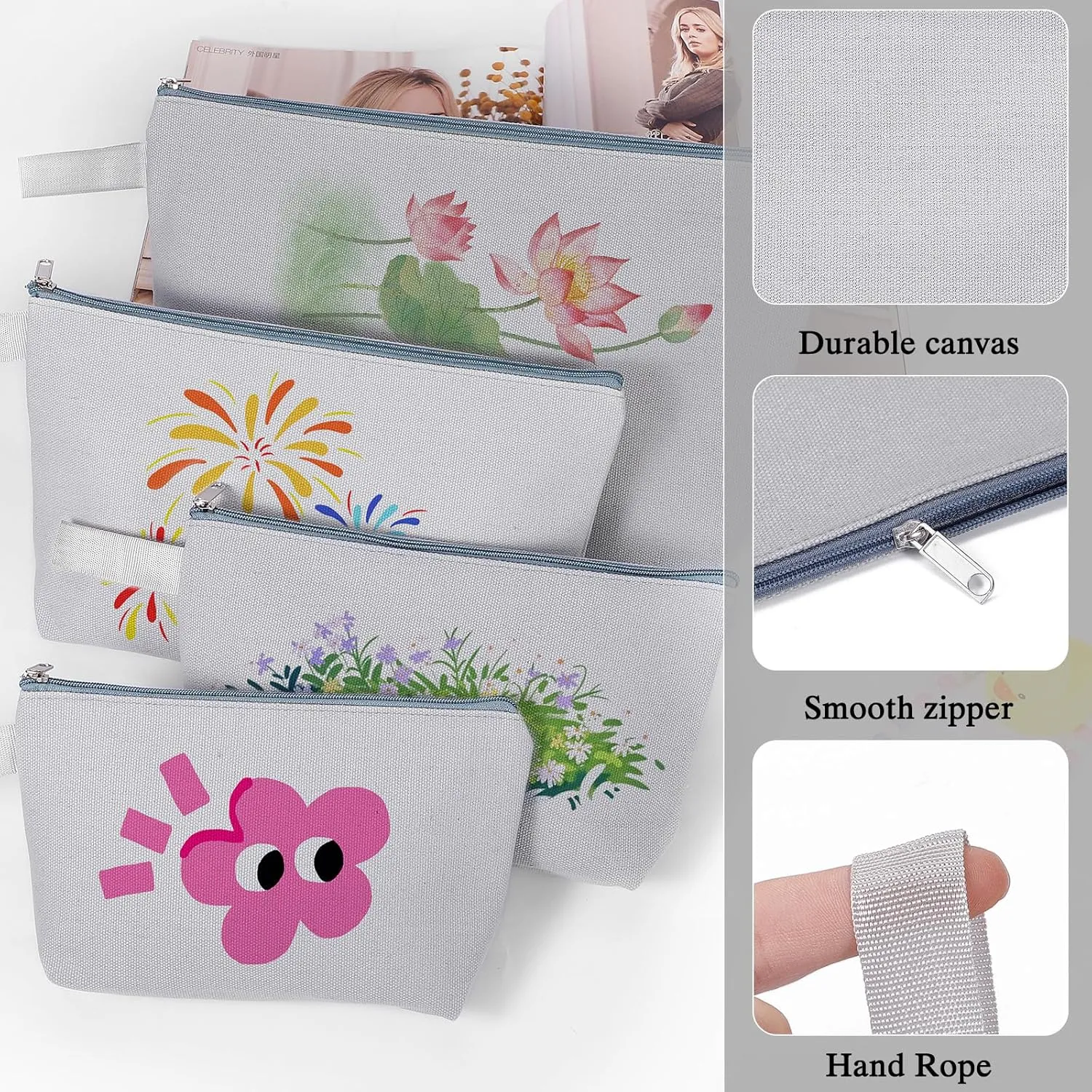 10 Pieces Cotton Canvas Makeup Bag with Bottom and Strap, Multi-Purpose Cosmetic Bag with Zipper Travel Toiletry Pouch, Blank DIY Craft Bag (Grey, M)
