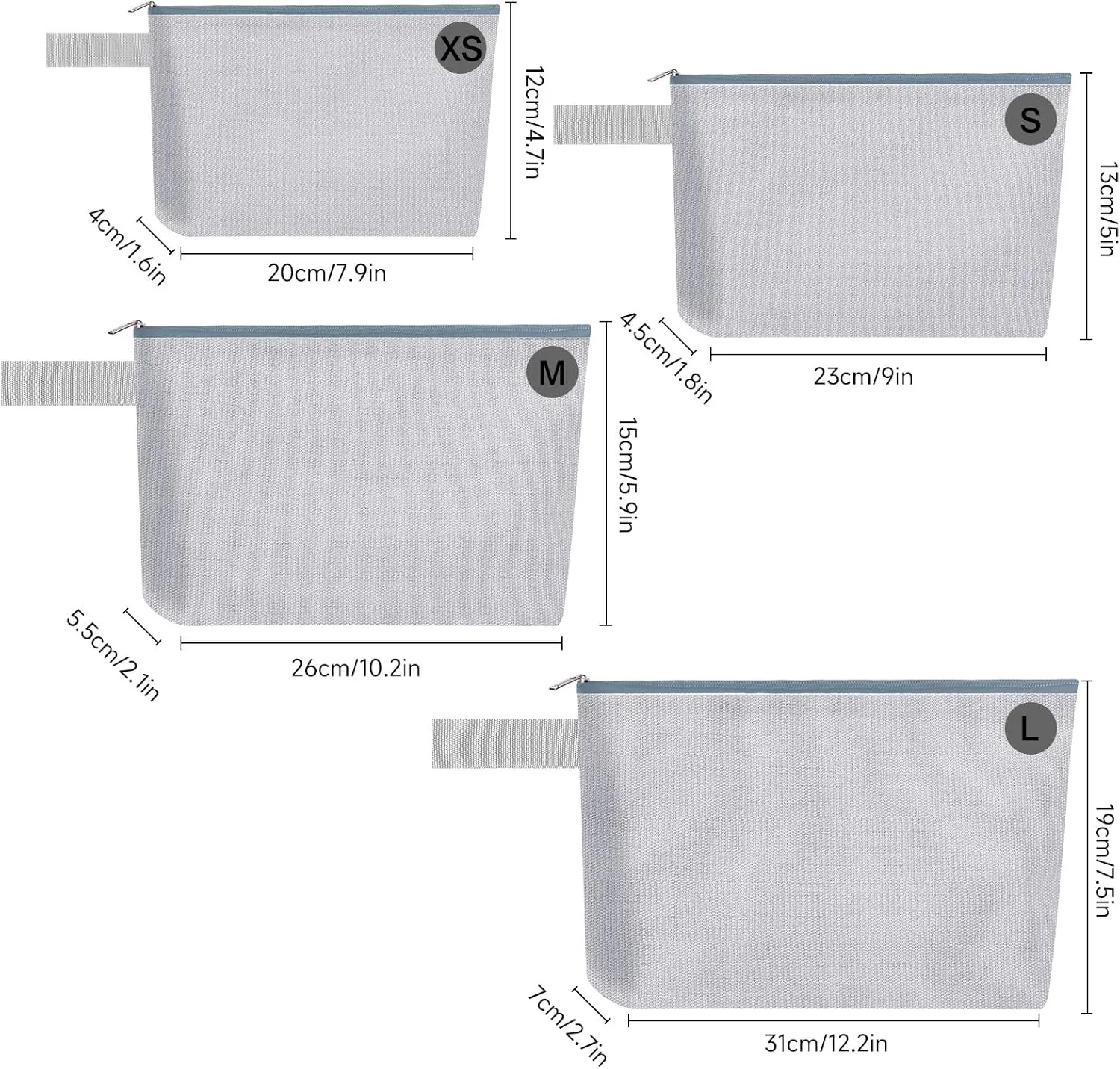 10 Pieces Cotton Canvas Makeup Bag with Bottom and Strap, Multi-Purpose Cosmetic Bag with Zipper Travel Toiletry Pouch, Blank DIY Craft Bag (Grey, M)