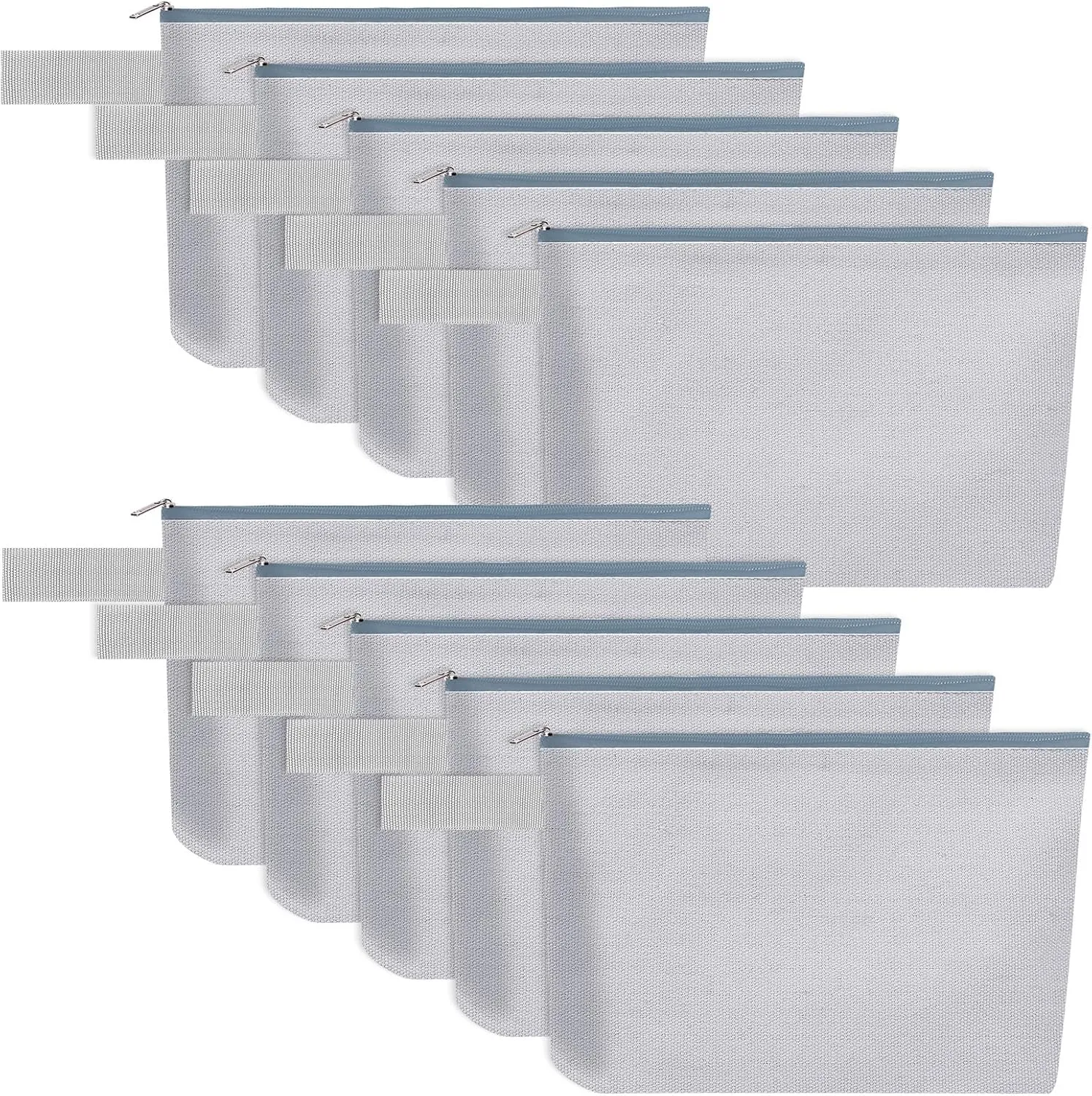 10 Pieces Cotton Canvas Makeup Bag with Bottom and Strap, Multi-Purpose Cosmetic Bag with Zipper Travel Toiletry Pouch, Blank DIY Craft Bag (Grey, M)
