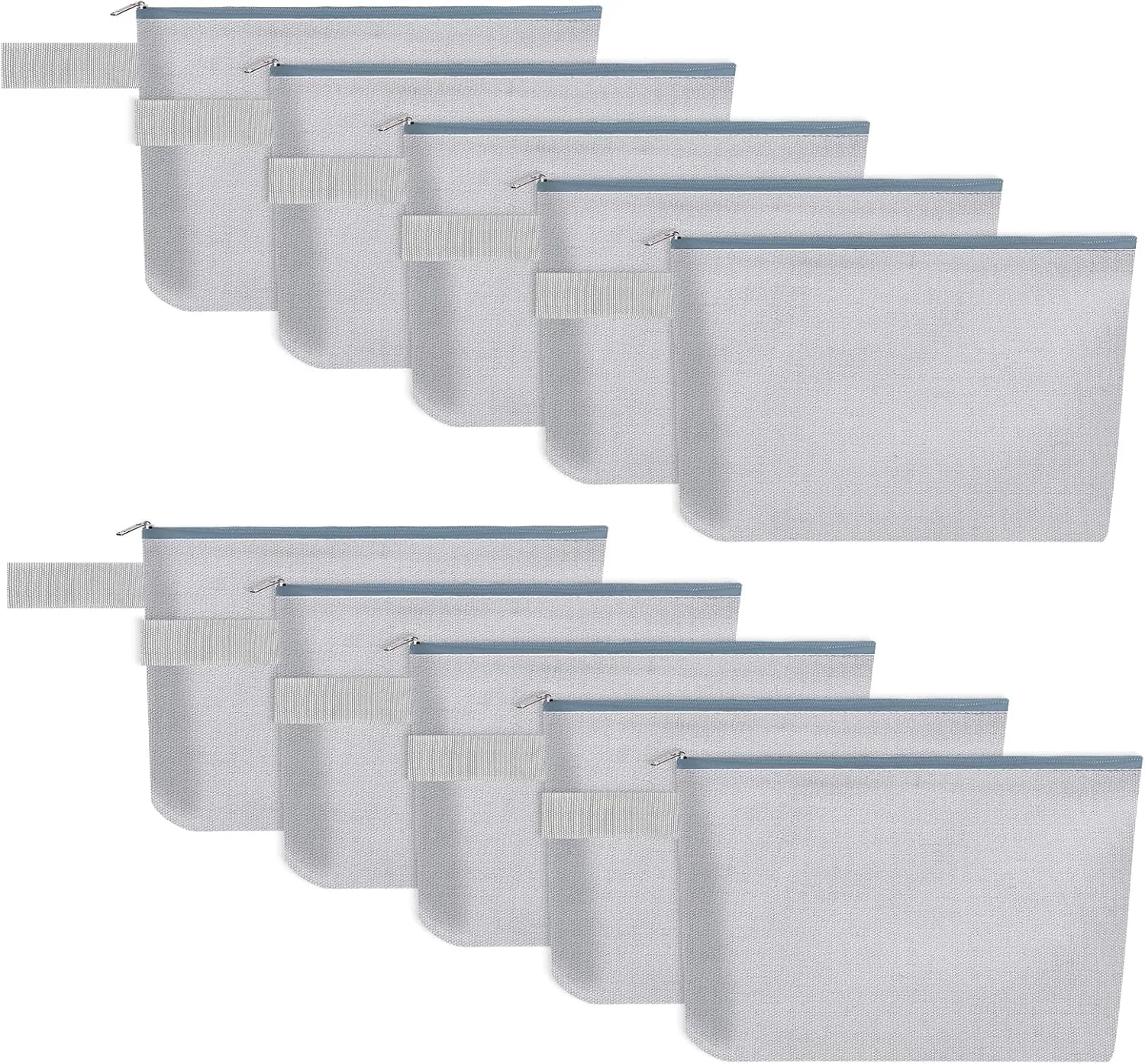 10 Pieces Cotton Canvas Makeup Bag with Bottom and Strap, Multi-Purpose Cosmetic Bag with Zipper Travel Toiletry Pouch, Blank DIY Craft Bag (Grey, XS)