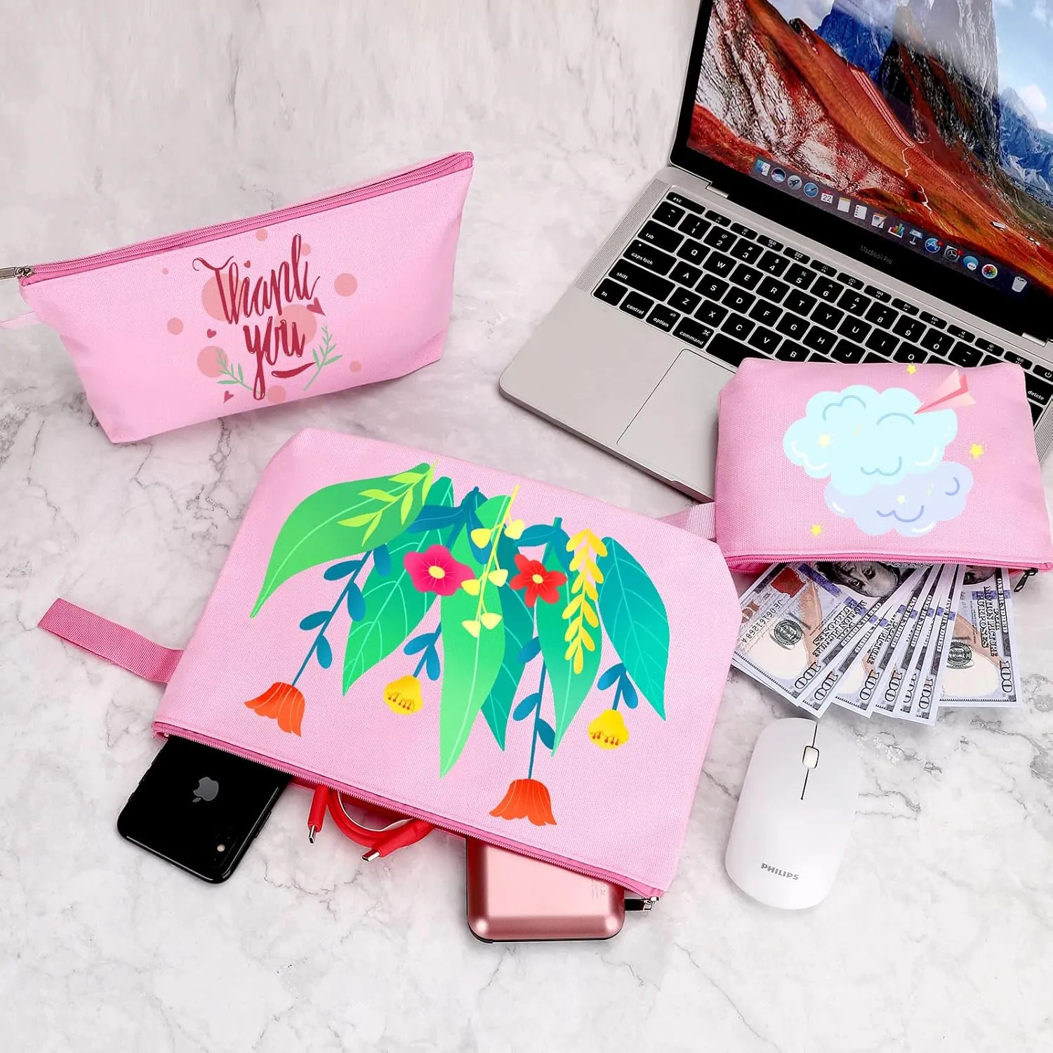 10 Pieces Cotton Canvas Makeup Bag with Bottom and Strap, Multi-Purpose Cosmetic Bag with Zipper Travel Toiletry Pouch, Blank DIY Craft Bag (Pink, S)