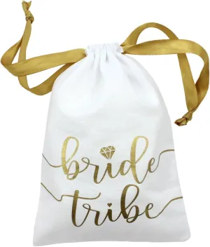 10pc Bride Tribe Drawstring Bags w/Satin Ribbon, 7x5” - Cotton Pouch for Bridesmaids, Bachelorette, Bridal Party, Bridal Shower, Wedding Favor, Survival Kit, Hangover Kit (10pc Pack, White & Gold)