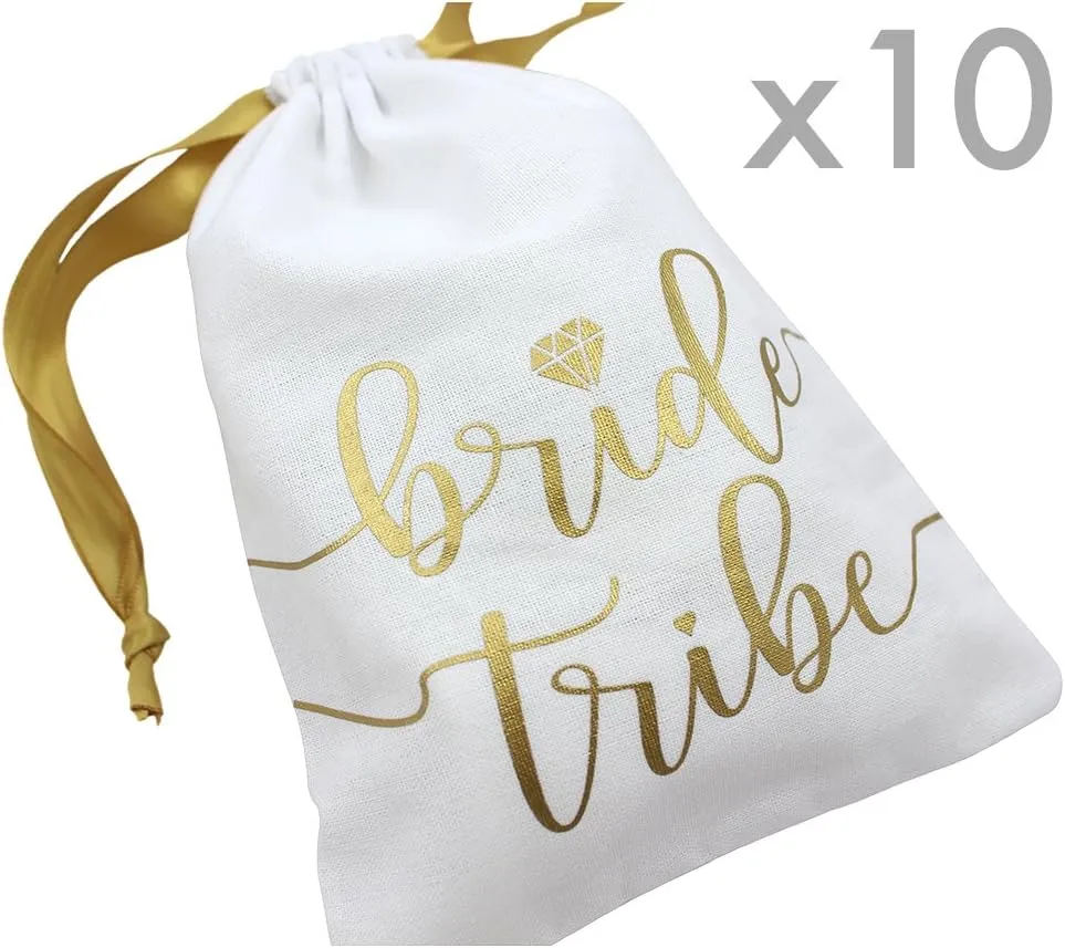 10pc Bride Tribe Drawstring Bags w/Satin Ribbon, 7x5” - Cotton Pouch for Bridesmaids, Bachelorette, Bridal Party, Bridal Shower, Wedding Favor, Survival Kit, Hangover Kit (10pc Pack, White & Gold)