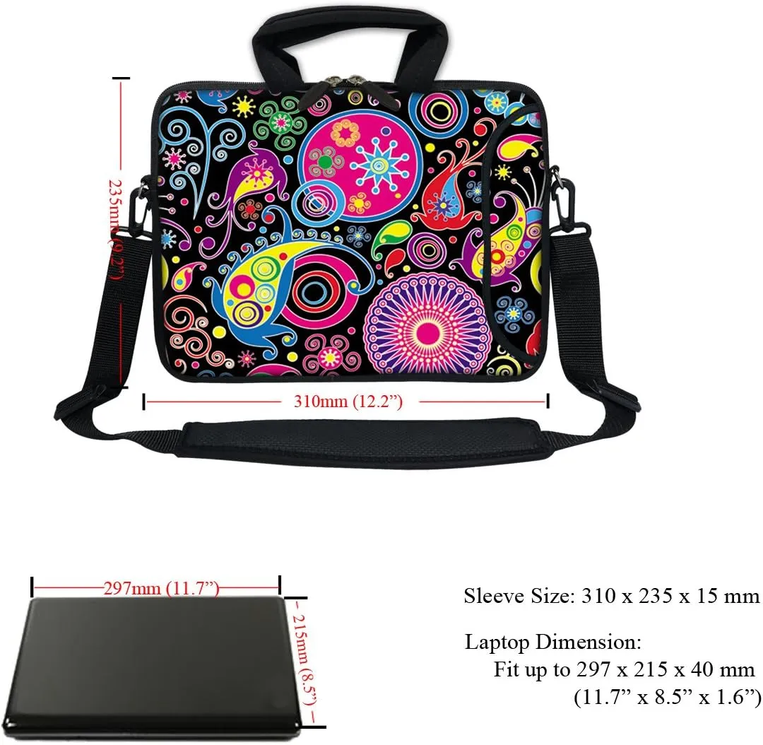 12 Inch Water Resistant Neoprene Laptop Bag with Reinforced Zipper, Strap, Pockets, Fits 11.6" to 12.3" Laptops