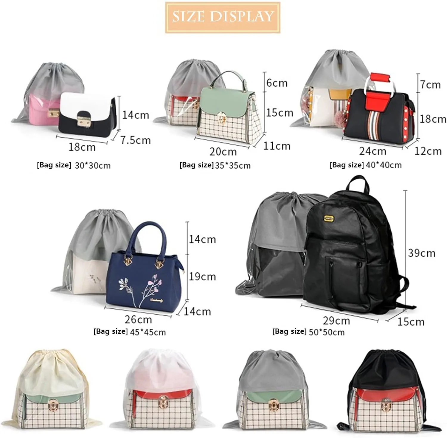 15 Packs Dust Bags for Beige Handbags, Clear Beige Handbag and Purse Storage Organizer, 14"x14" / 35x35 cm Non-Woven Drawstring Cover with Window