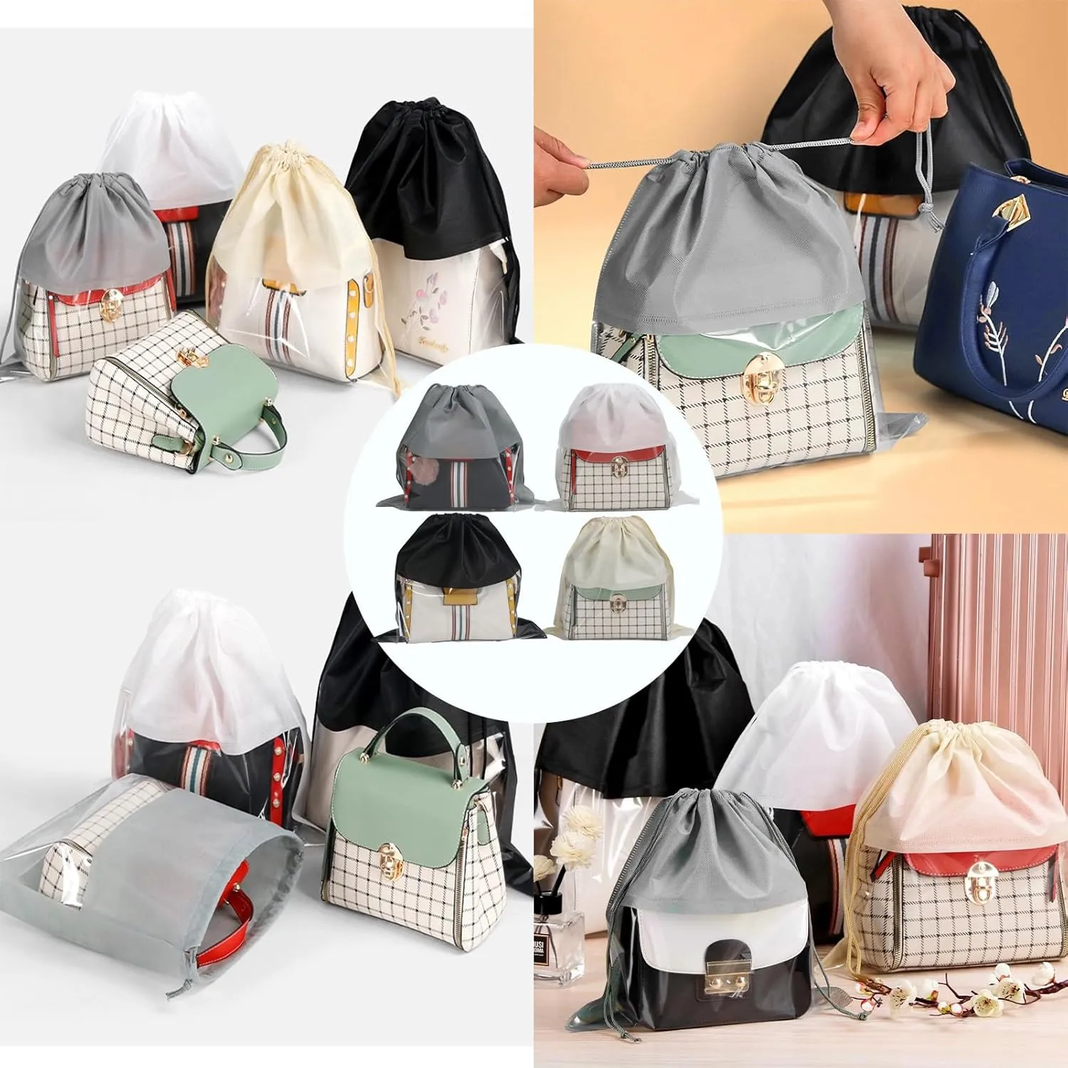 15 Packs Dust Bags for Beige Handbags, Clear Beige Handbag and Purse Storage Organizer, 14"x14" / 35x35 cm Non-Woven Drawstring Cover with Window