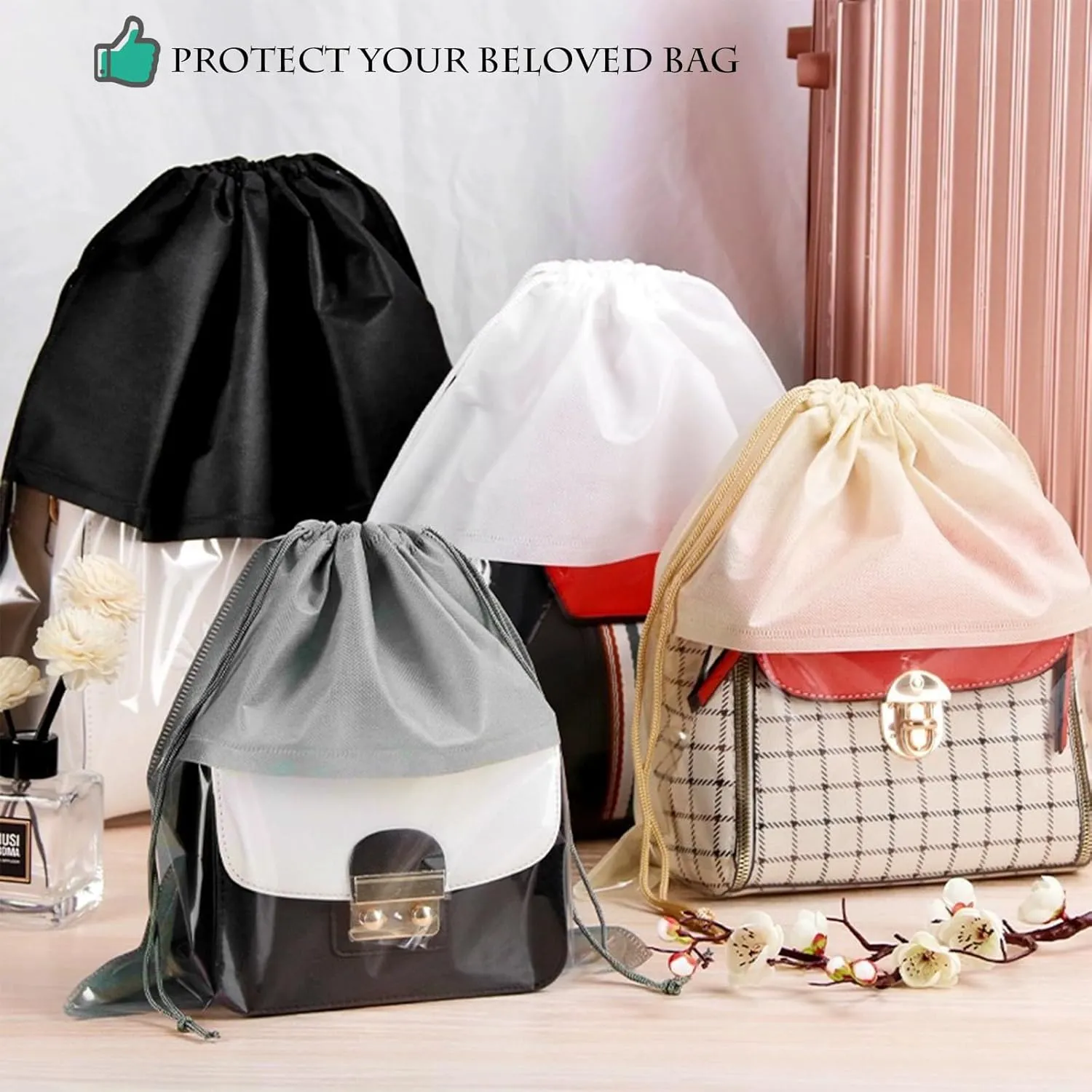 15 Packs Dust Bags for Beige Handbags, Clear Beige Handbag and Purse Storage Organizer, 14"x14" / 35x35 cm Non-Woven Drawstring Cover with Window