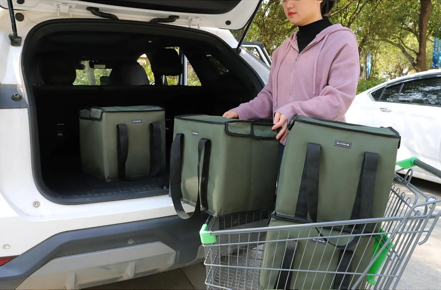 2 Pack Insulated Grocery Bags - Stackable Collapsible Foldable Reusable Cooler Totes for Groceries, Frozen Food & Travel