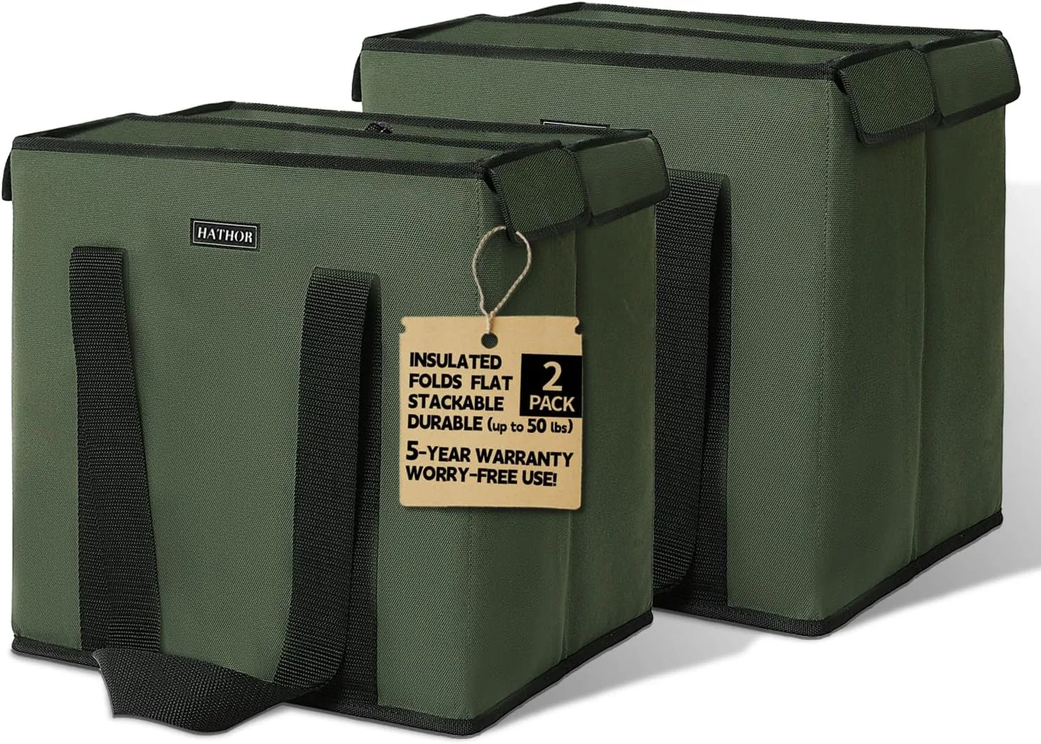 2 Pack Insulated Grocery Bags - Stackable Collapsible Foldable Reusable Cooler Totes for Groceries, Frozen Food & Travel