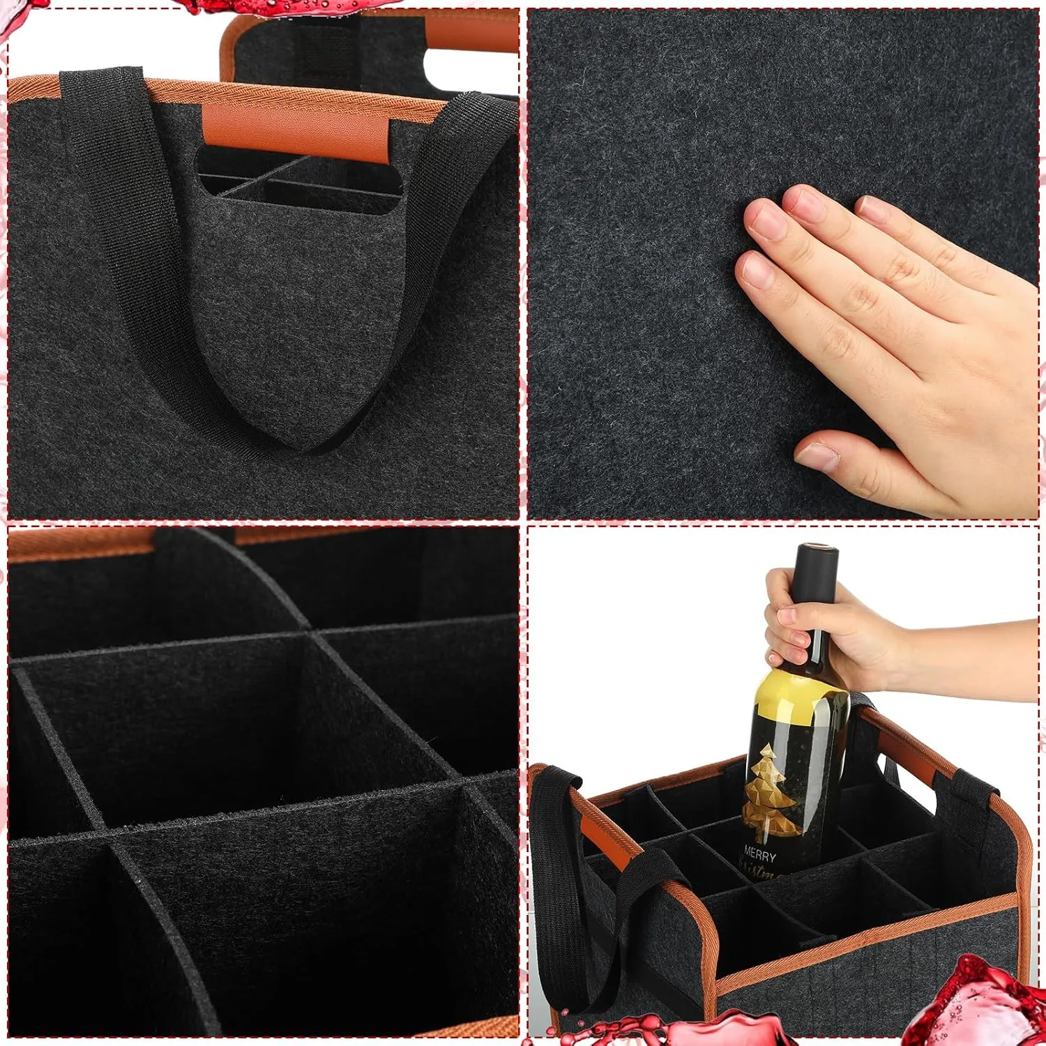 2 Pack Wine Carrier 6 Bottles Tote Reusable Wine tote Bags Insulated Grocery Bags for Christmas Travel, Camping and Picnic(Brown,8.07" X 29.5" X 30.5")