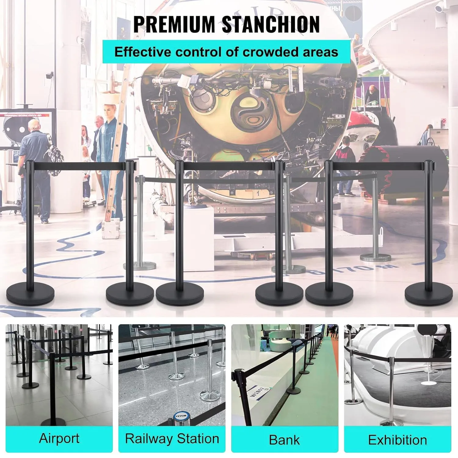 2 Packs Crowd Control Stanchion Set,Crowd Control Barriers,Black Stanchions with Retractable Belts 6.5Ft,with Easy Assembly,Height 36 Inches, for Store Queues, Airport Lines, Event Entries