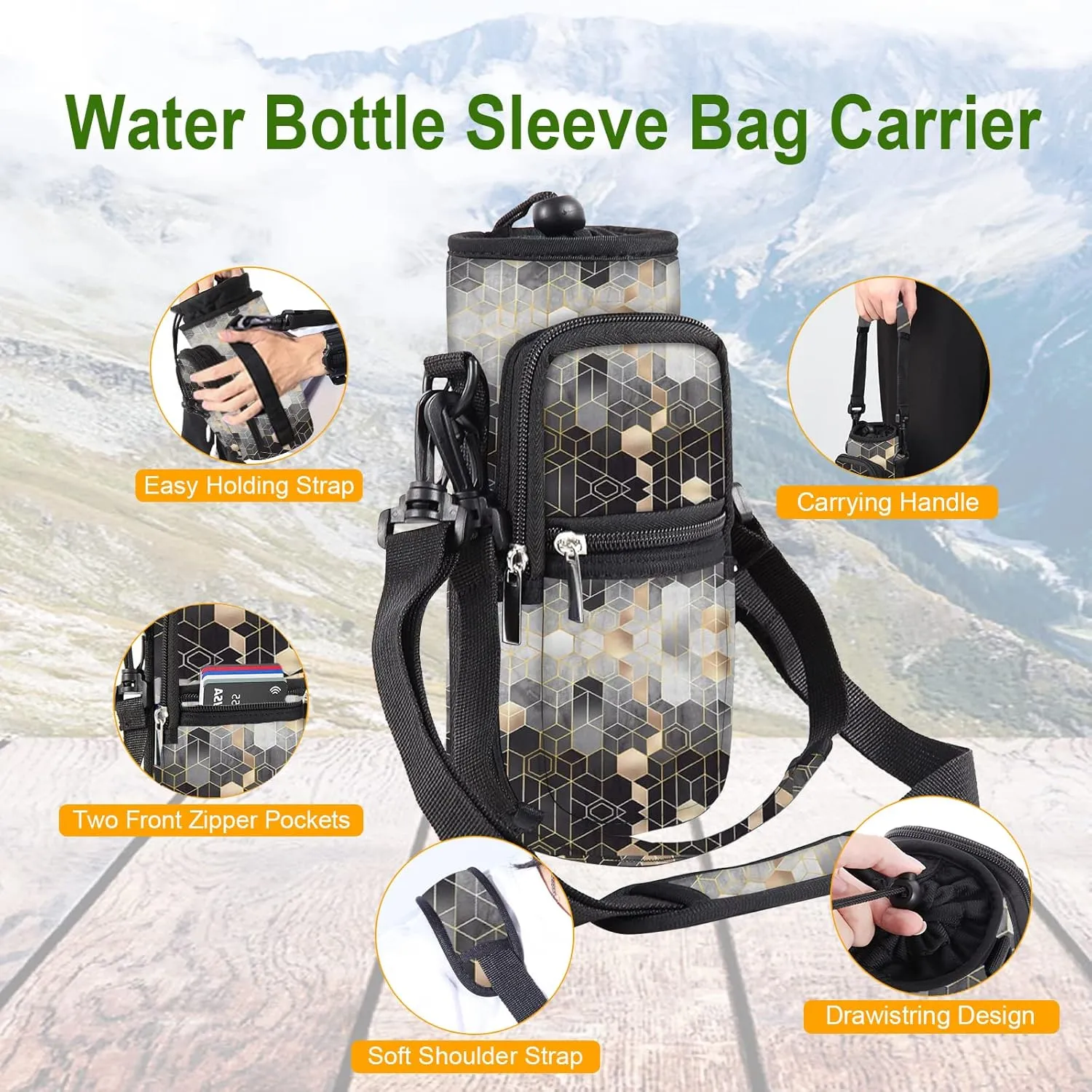 25/32/40/64oz Water Bottle Bag Holder Carrier - Insulated Crossbody Sling Bag Case Sleeve with Strap and Pockets for Men Women Travel Cycling Walking Gym Hiking Camping