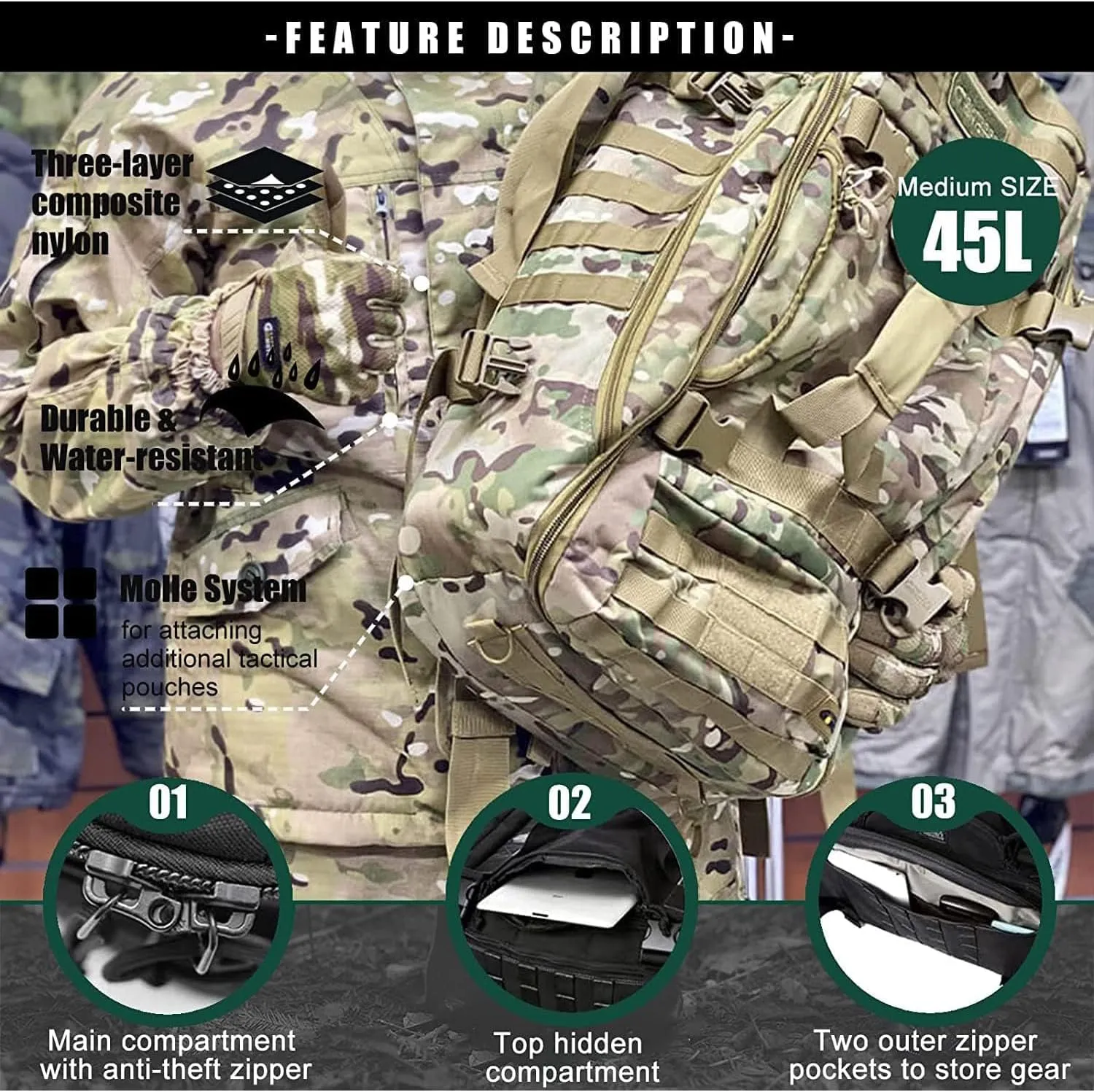 3 In 1 Tactical 45L Military Backpack Travel Duffle Bag for Weekender Gym Workout Deployment