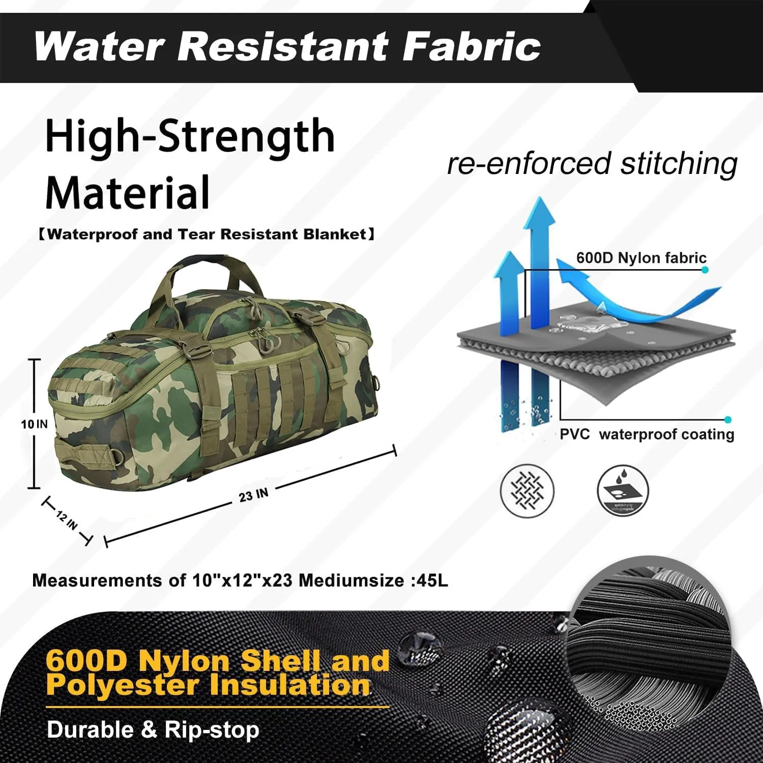 3 In 1 Tactical 45L Military Backpack Travel Duffle Bag for Weekender Gym Workout Deployment