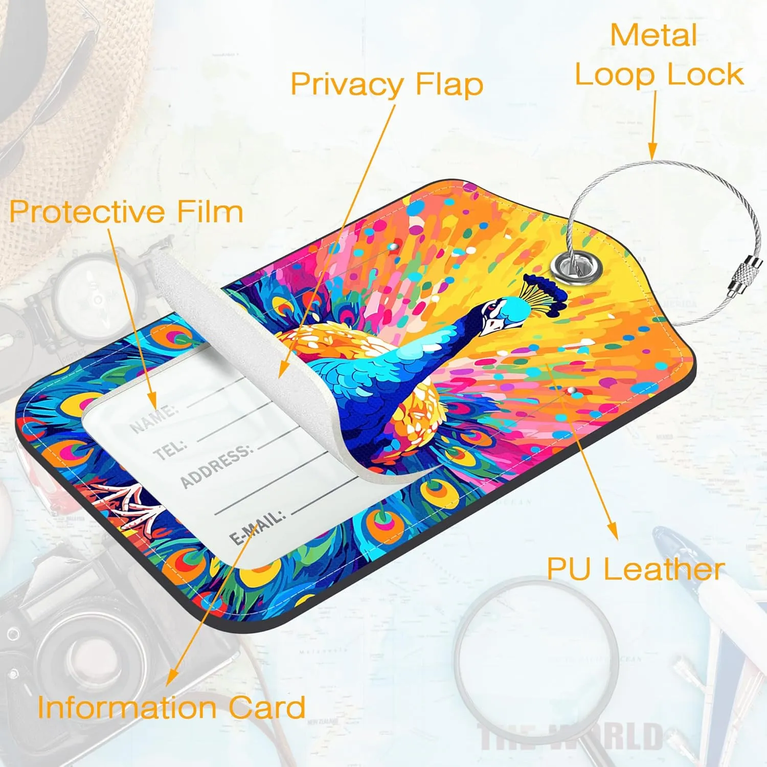 3 Pack Luggage Tag for Suitcase Peacock Spreads Its Tail Leather Travel Cruise Luggage Tag with Stainless Steel Loop Name ID Label Privacy Cover for Adults Teens Travel Bag Labels Set