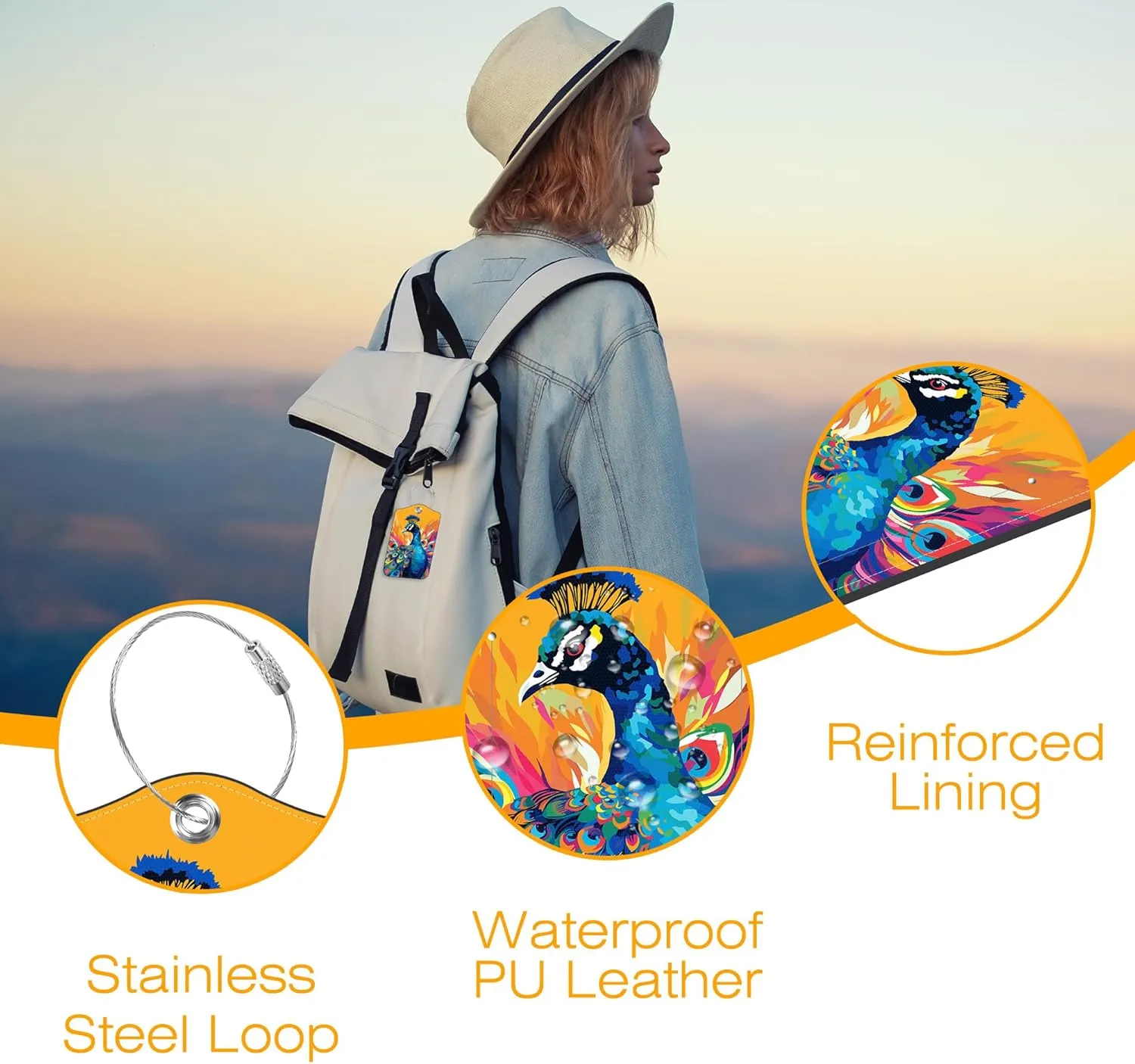 3 Pack Luggage Tag for Suitcase Peacock Spreads Its Tail Leather Travel Cruise Luggage Tag with Stainless Steel Loop Name ID Label Privacy Cover for Adults Teens Travel Bag Labels Set