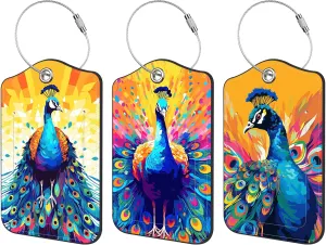 3 Pack Luggage Tag for Suitcase Peacock Spreads Its Tail Leather Travel Cruise Luggage Tag with Stainless Steel Loop Name ID Label Privacy Cover for Adults Teens Travel Bag Labels Set