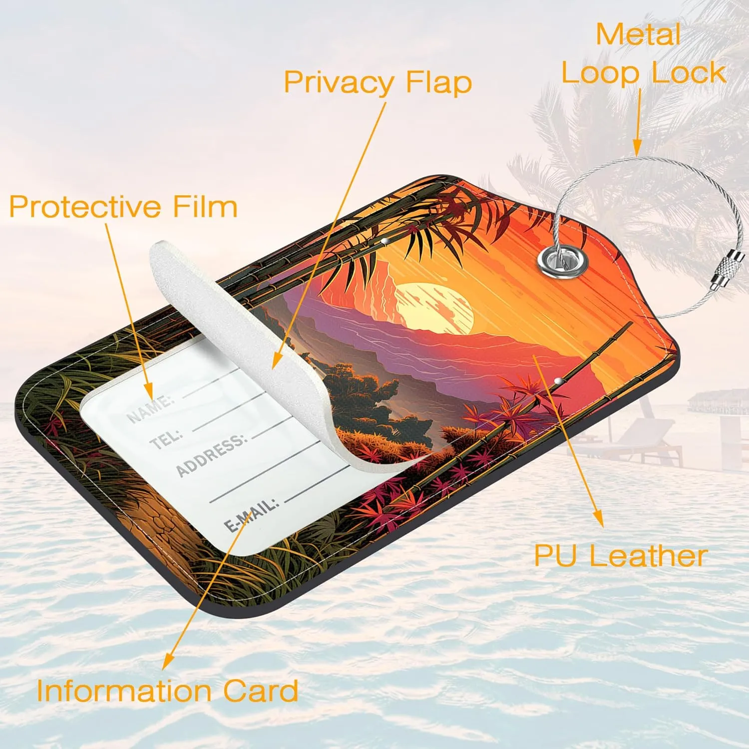 3 Pack Luggage Tag for Suitcase Sunset Mountain River Palm Trees Cactus Leather Travel Cruise Luggage Tag with Stainless Steel Loop Name ID Label Privacy Cover for Adults Teens Travel Bag Labels Set