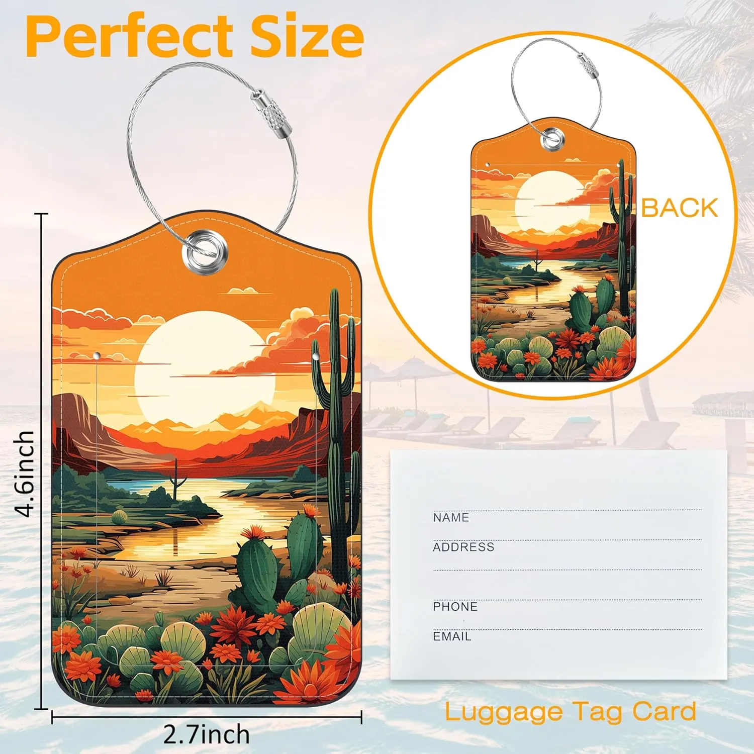 3 Pack Luggage Tag for Suitcase Sunset Mountain River Palm Trees Cactus Leather Travel Cruise Luggage Tag with Stainless Steel Loop Name ID Label Privacy Cover for Adults Teens Travel Bag Labels Set