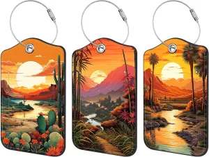 3 Pack Luggage Tag for Suitcase Sunset Mountain River Palm Trees Cactus Leather Travel Cruise Luggage Tag with Stainless Steel Loop Name ID Label Privacy Cover for Adults Teens Travel Bag Labels Set