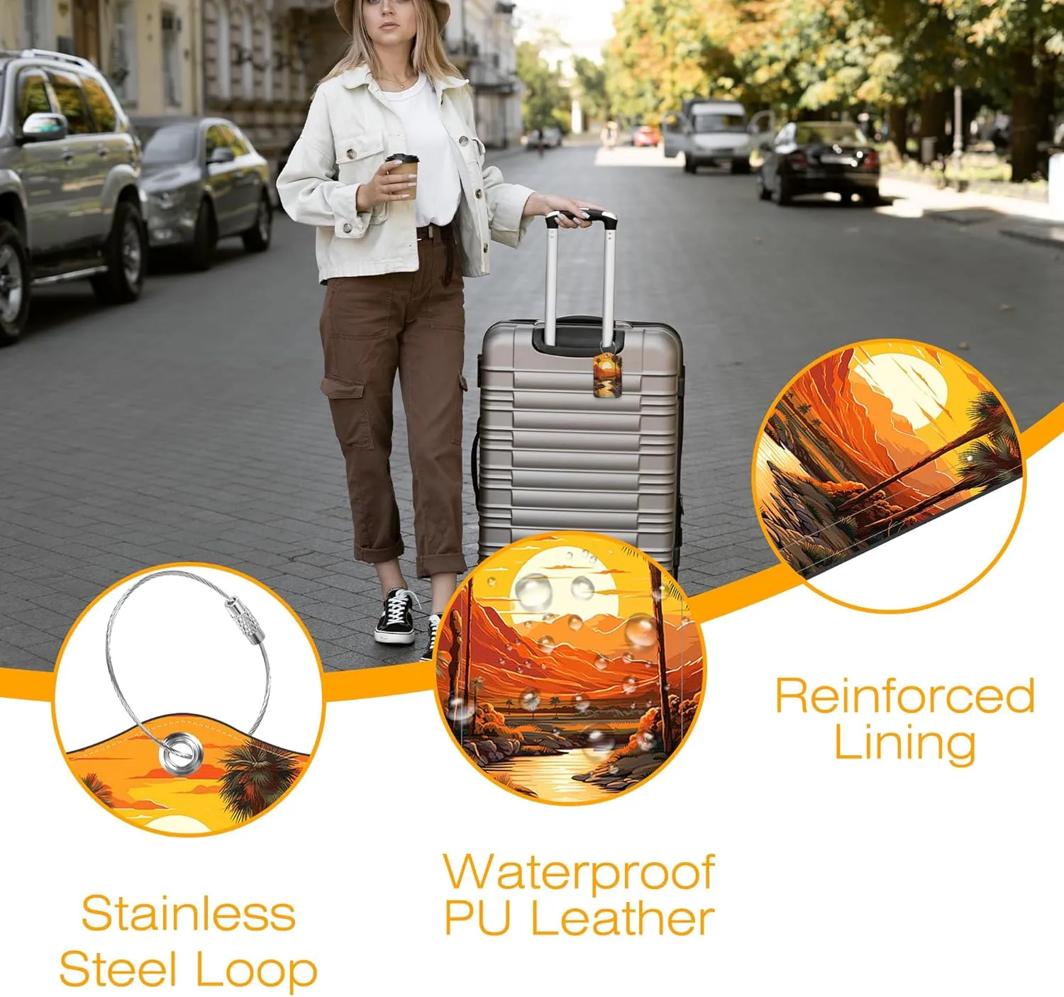 3 Pack Luggage Tag for Suitcase Sunset Mountain River Palm Trees Cactus Leather Travel Cruise Luggage Tag with Stainless Steel Loop Name ID Label Privacy Cover for Adults Teens Travel Bag Labels Set