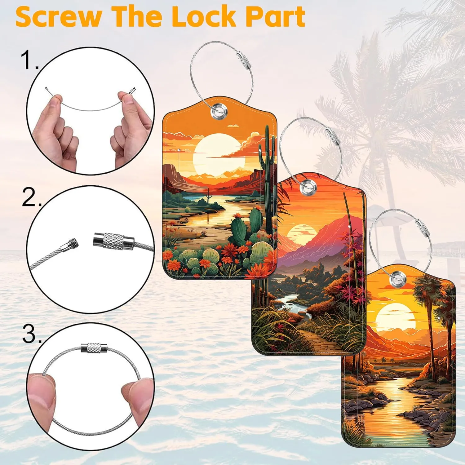 3 Pack Luggage Tag for Suitcase Sunset Mountain River Palm Trees Cactus Leather Travel Cruise Luggage Tag with Stainless Steel Loop Name ID Label Privacy Cover for Adults Teens Travel Bag Labels Set