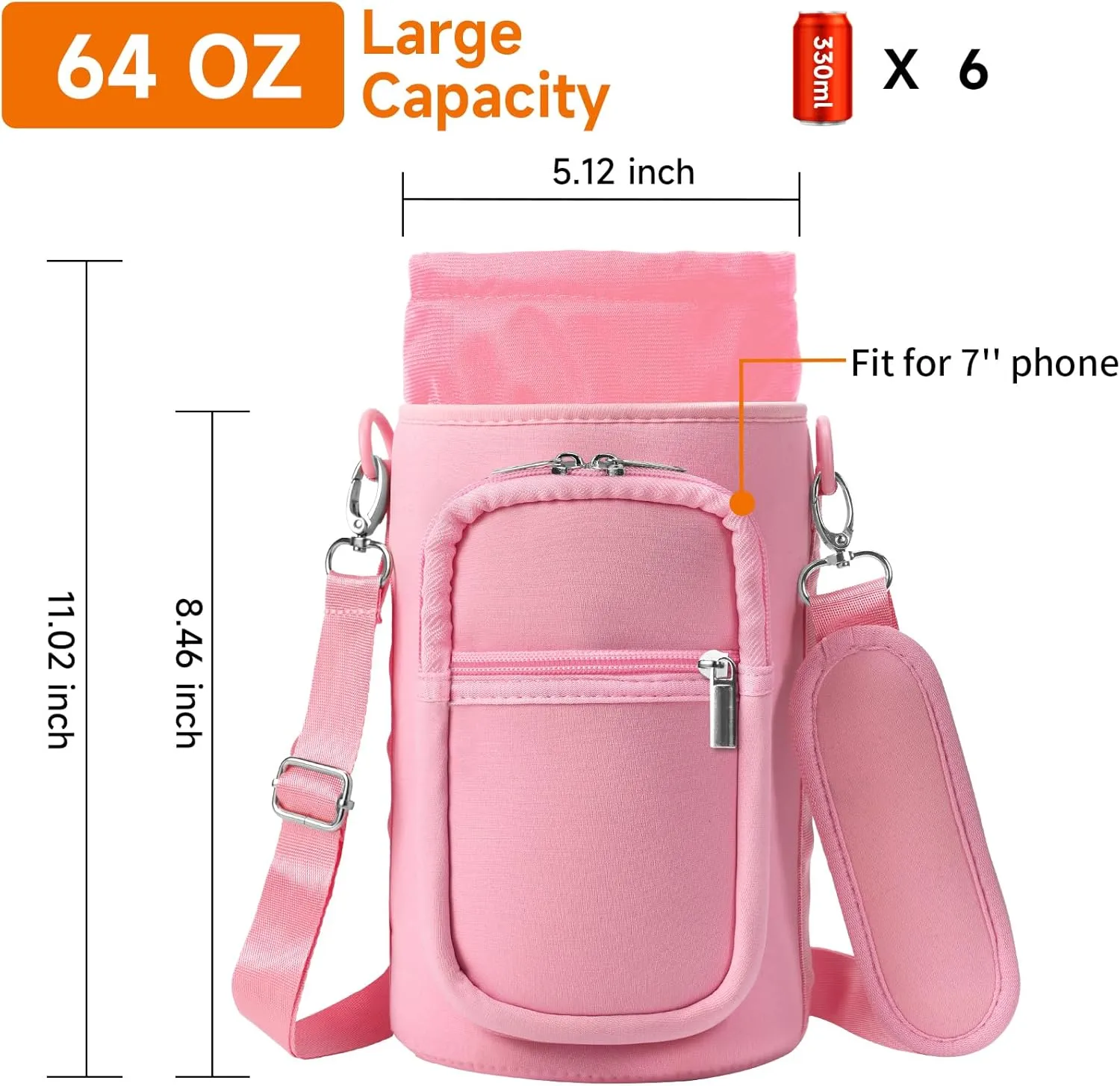 32/40/64/128 oz Neoprene Insulated Water Bottle Carrier Bag, Sling Bag Sleeve Pouch Holder with Strap & Paracord Handle and 2 Pocket for Travelling, Hiking, Camping