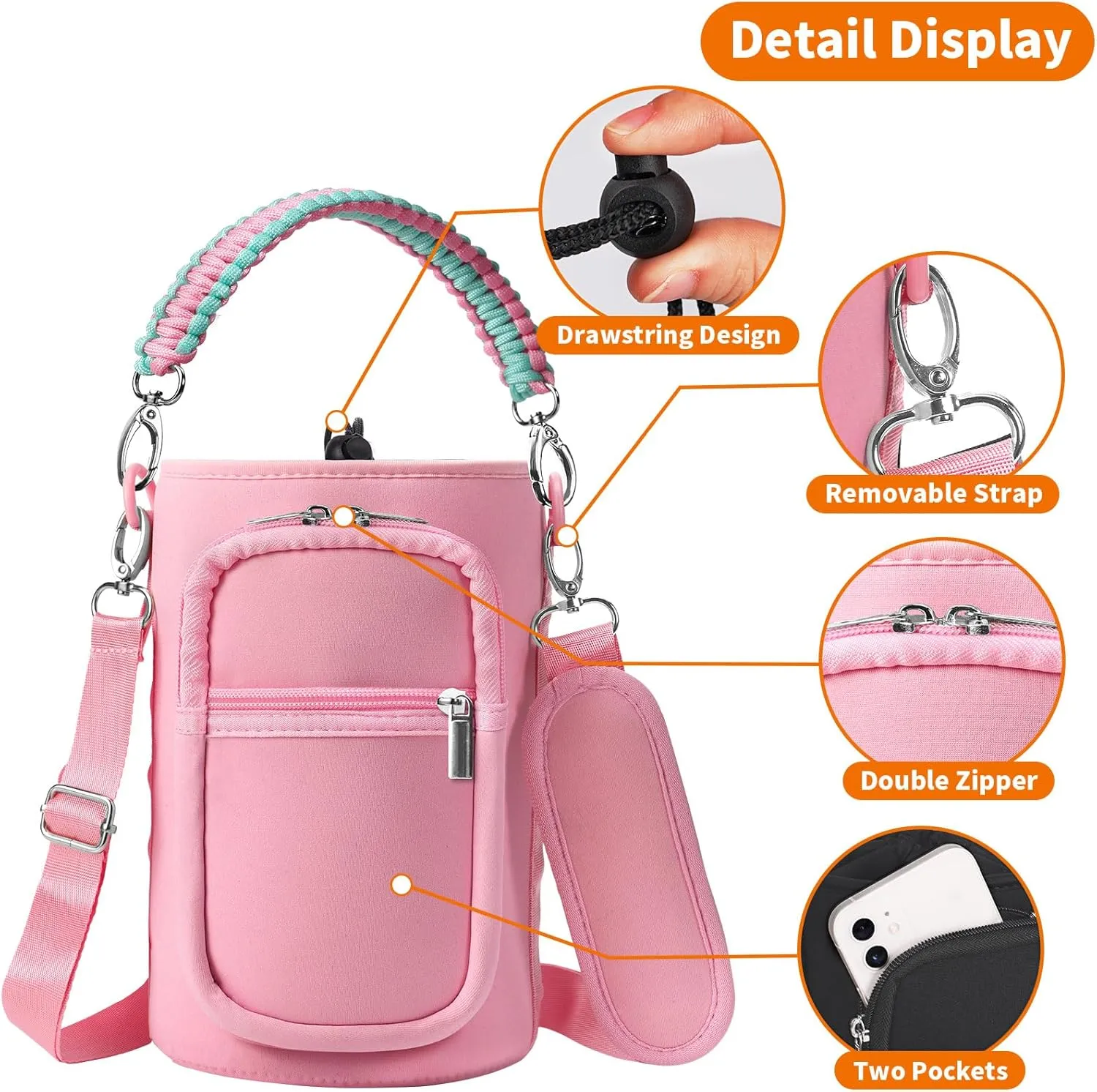 32/40/64/128 oz Neoprene Insulated Water Bottle Carrier Bag, Sling Bag Sleeve Pouch Holder with Strap & Paracord Handle and 2 Pocket for Travelling, Hiking, Camping