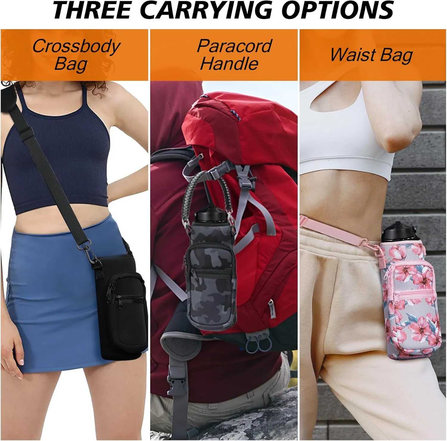 32/40/64/128 oz Neoprene Insulated Water Bottle Carrier Bag, Sling Bag Sleeve Pouch Holder with Strap & Paracord Handle and 2 Pocket for Travelling, Hiking, Camping
