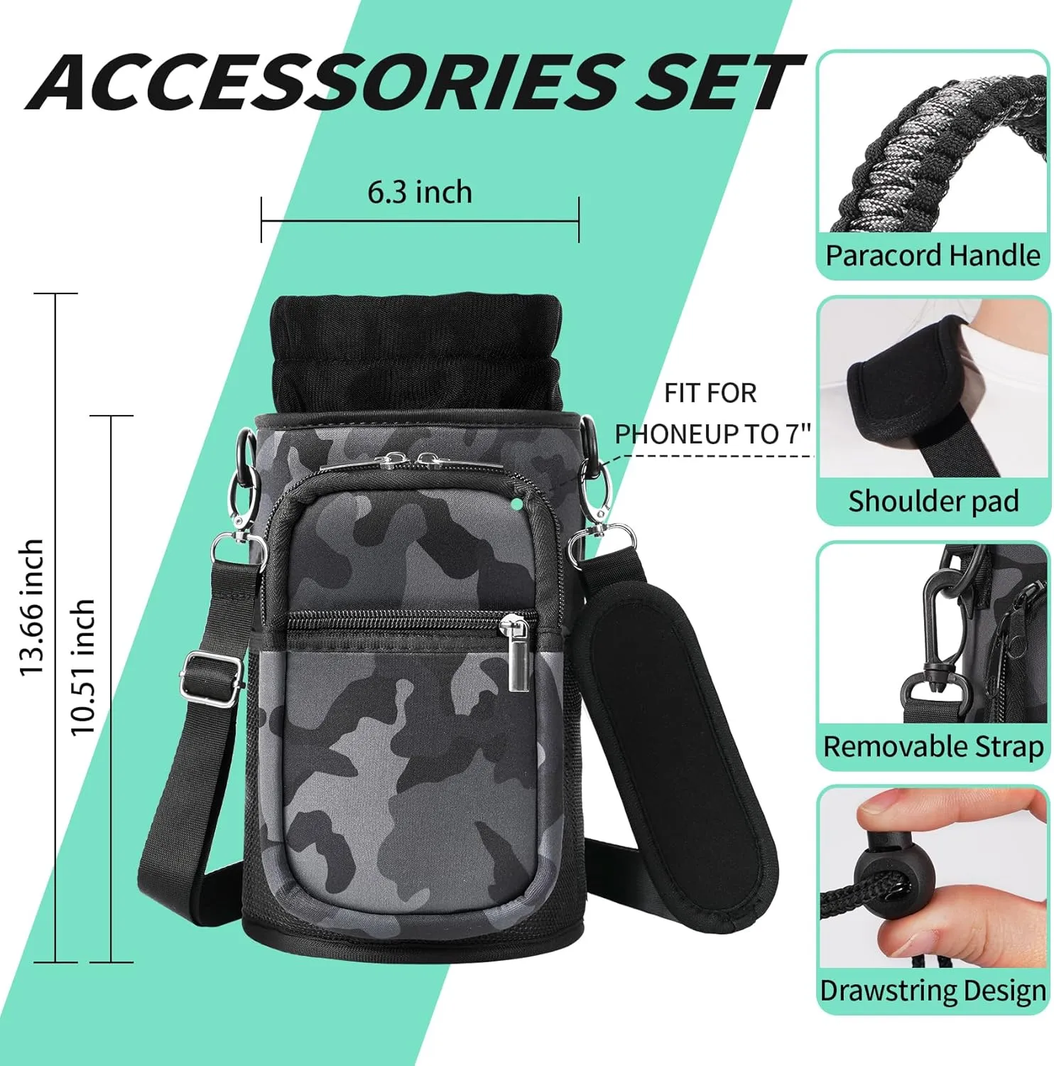 32/40/64/87/128 oz Water Bottle Carrier Bag, Neoprene Water Bottle Sleeve with 4 Pocket, Sport Water Holder with Paracord Handle and Shoulder Strap for Walking Hiking Camping Gym