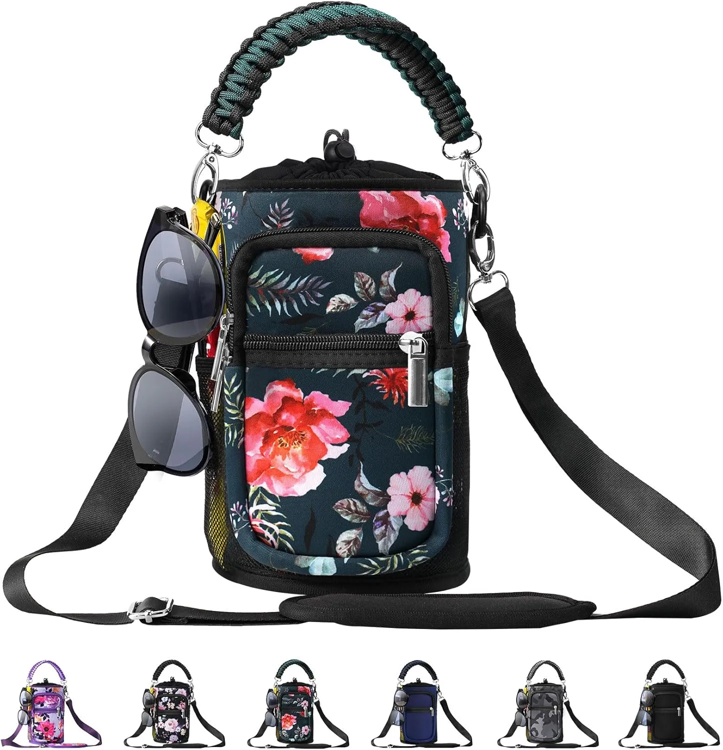 32/40/64/87/128 oz Water Bottle Carrier Bag, Neoprene Water Bottle Sleeve with 4 Pocket, Sport Water Holder with Paracord Handle and Shoulder Strap for Walking Hiking Camping Gym
