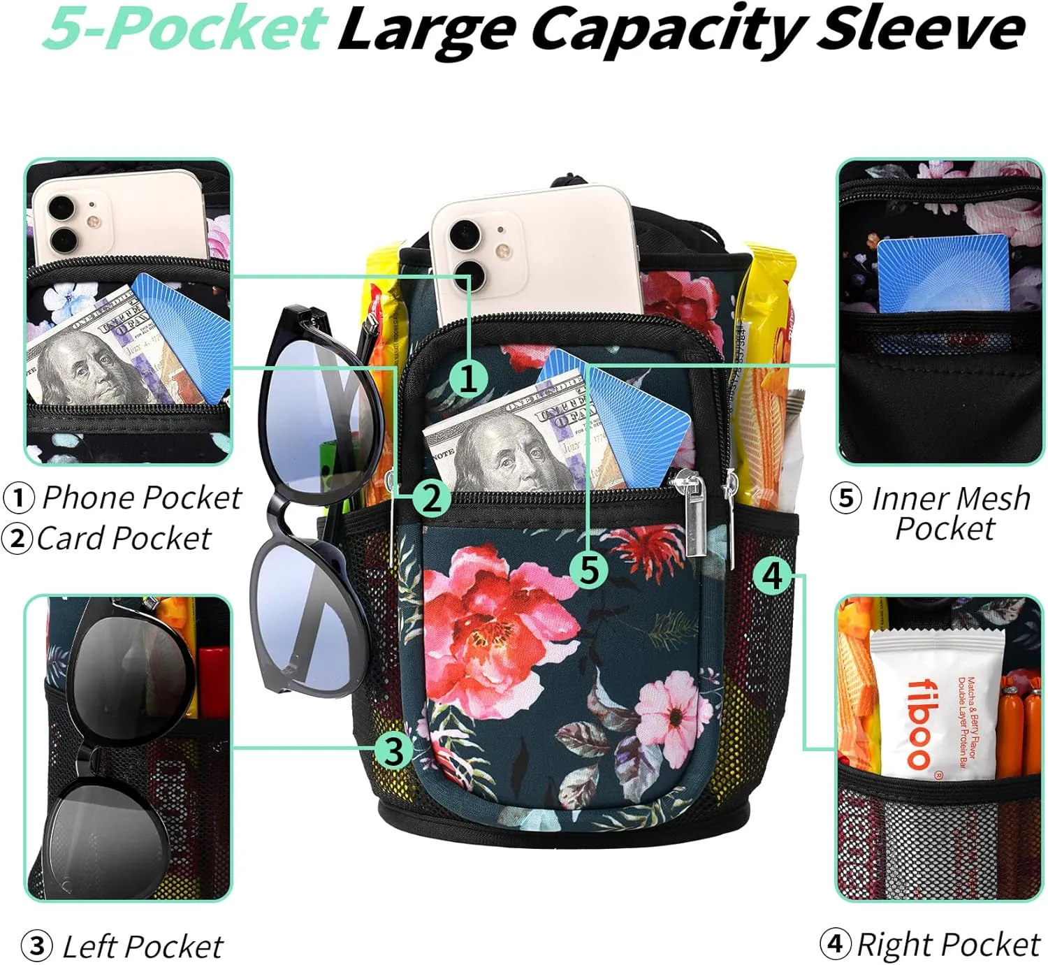32/40/64/87/128 oz Water Bottle Carrier Bag, Neoprene Water Bottle Sleeve with 4 Pocket, Sport Water Holder with Paracord Handle and Shoulder Strap for Walking Hiking Camping Gym