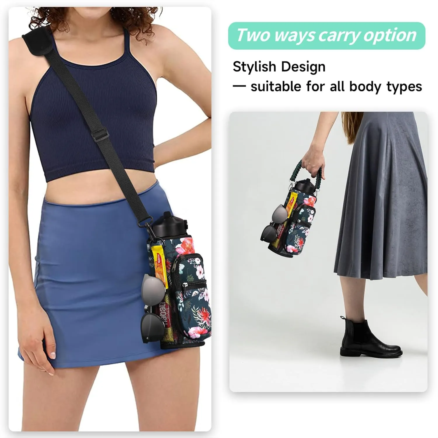 32/40/64/87/128 oz Water Bottle Carrier Bag, Neoprene Water Bottle Sleeve with 4 Pocket, Sport Water Holder with Paracord Handle and Shoulder Strap for Walking Hiking Camping Gym