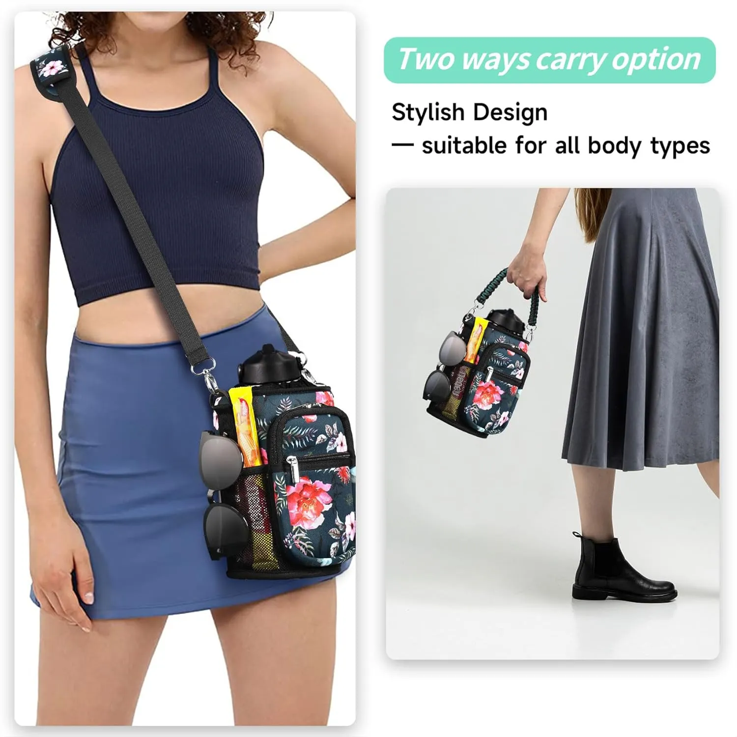 32/40/64/87/128 oz Water Bottle Carrier Bag, Neoprene Water Bottle Sleeve with 4 Pocket, Sport Water Holder with Paracord Handle and Shoulder Strap for Walking Hiking Camping Gym