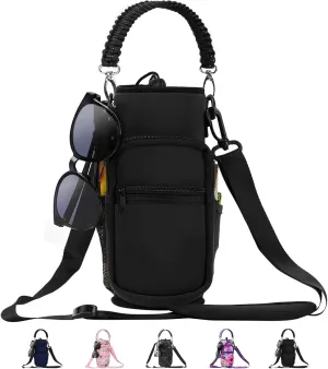 32/40/64/87/128 oz Water Bottle Carrier Bag, Neoprene Water Bottle Sleeve with 4 Pocket, Sport Water Holder with Paracord Handle and Shoulder Strap for Walking Hiking Camping Gym