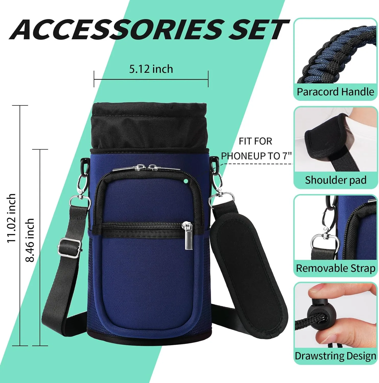 32/40/64/87/128 oz Water Bottle Carrier Bag, Neoprene Water Bottle Sleeve with 4 Pocket, Sport Water Holder with Paracord Handle and Shoulder Strap for Walking Hiking Camping Gym