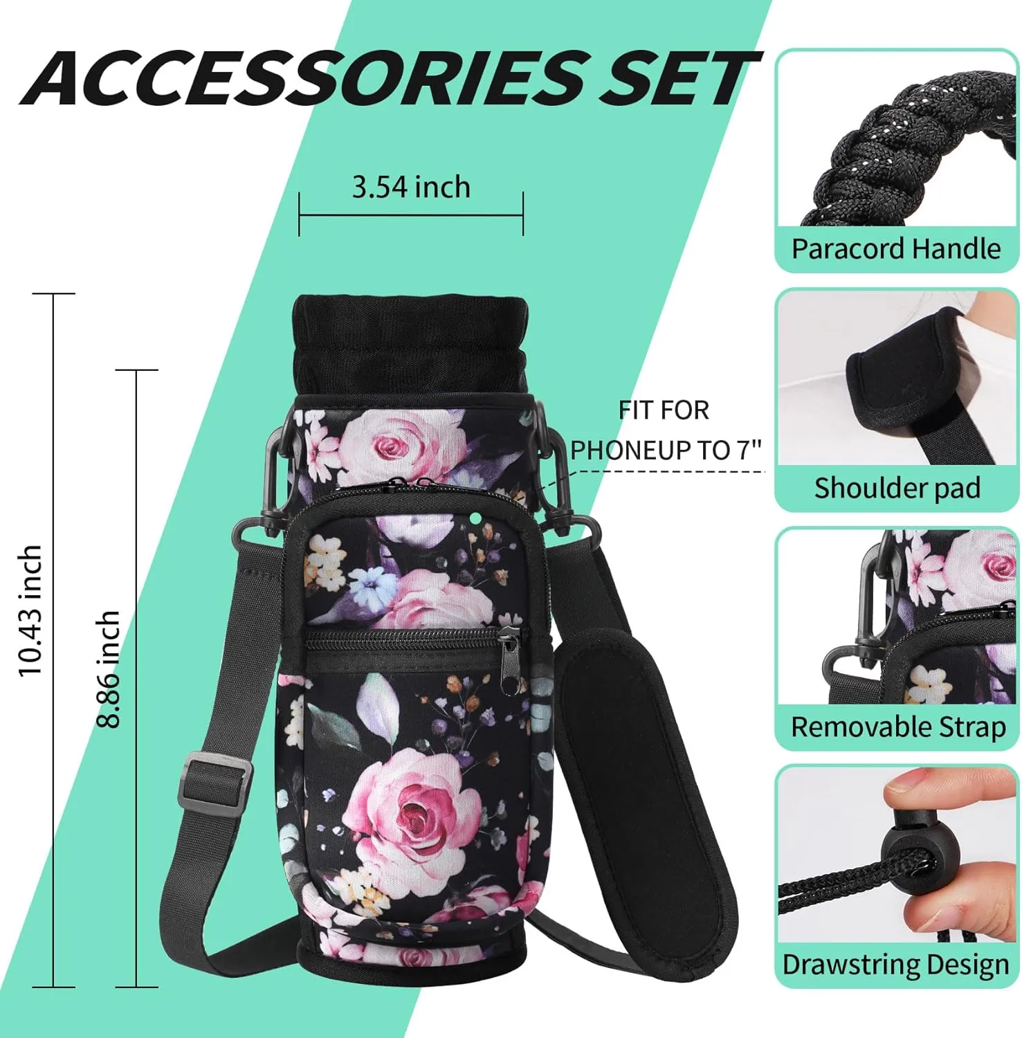 32/40/64/87/128 oz Water Bottle Carrier Bag, Neoprene Water Bottle Sleeve with 4 Pocket, Sport Water Holder with Paracord Handle and Shoulder Strap for Walking Hiking Camping Gym