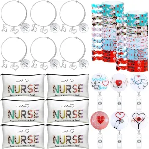 38 Pcs Nurse Week Gifts Bulk Nurse Appreciation Gift Set Accessories Makeup Bag for Women 6 Cosmetic Pouch Retractable Holder Reel with Clip 20 Nursing Hair Elastic Ponytail Holder 6 Bracelet