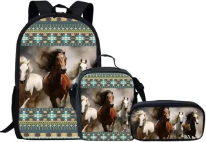 3Pcs Aztec Tribal Horse Print Teen Boys Middle Junior School Bag for Kids Elementary Students Bookbag Backpack Set with Insulated Lunch Bag Pencil Case