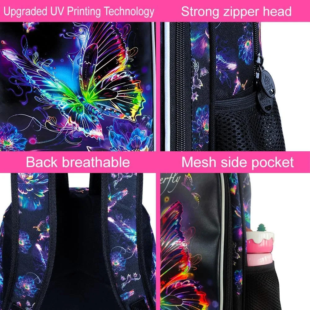 3PCS Butterfly Backpack for Girls, 16" Kids Preschool Bookbag with Lunch Box, Water Resistant School Bag for Elementary Kindergarten Toddler