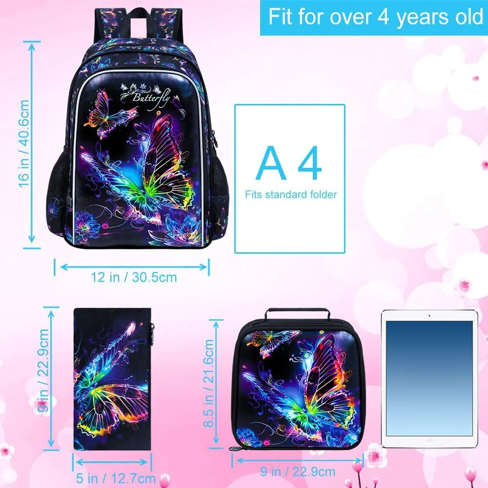 3PCS Butterfly Backpack for Girls, 16" Kids Preschool Bookbag with Lunch Box, Water Resistant School Bag for Elementary Kindergarten Toddler
