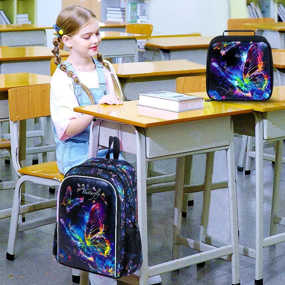 3PCS Butterfly Backpack for Girls, 16" Kids Preschool Bookbag with Lunch Box, Water Resistant School Bag for Elementary Kindergarten Toddler