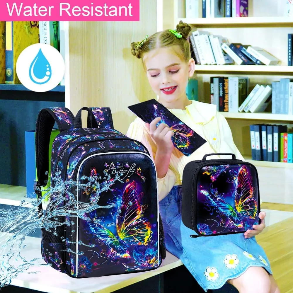 3PCS Butterfly Backpack for Girls, 16" Kids Preschool Bookbag with Lunch Box, Water Resistant School Bag for Elementary Kindergarten Toddler