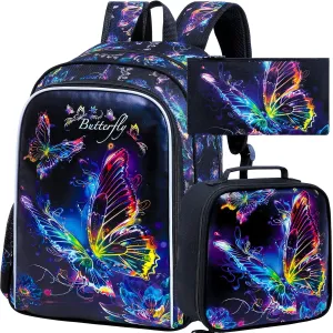 3PCS Butterfly Backpack for Girls, 16" Kids Preschool Bookbag with Lunch Box, Water Resistant School Bag for Elementary Kindergarten Toddler