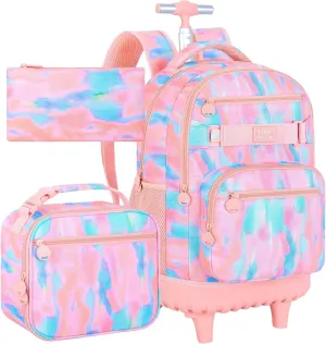 3Pcs Rolling Backpack for Girls, 19 Inche Women Roller Bag with Wheels for Adults, Wheeled Bookbag with Lunch Box(Pink)